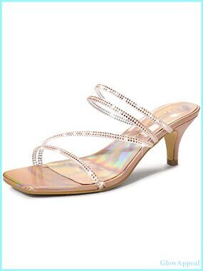 Rhinestone Kitten Heel Slide Sandals Square Toe Slip-On Strappy Heels